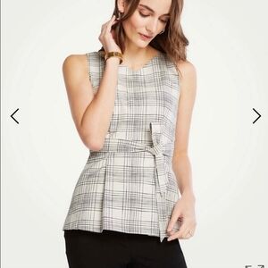 NWT Ann Taylor Plaid Tweed Tie Waist Sleeveless Peplum Shell Black‎ White 00P